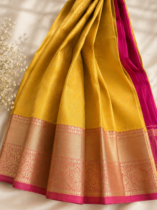 yellow & Rani Pink Wedding Tissue Silk Saree β Premium Bridal Collection