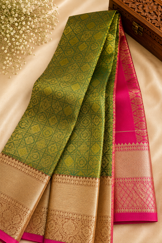 Mehendhi Green & Rani Pink Contrast Tissue Silk Saree β Premium Wedding Collection