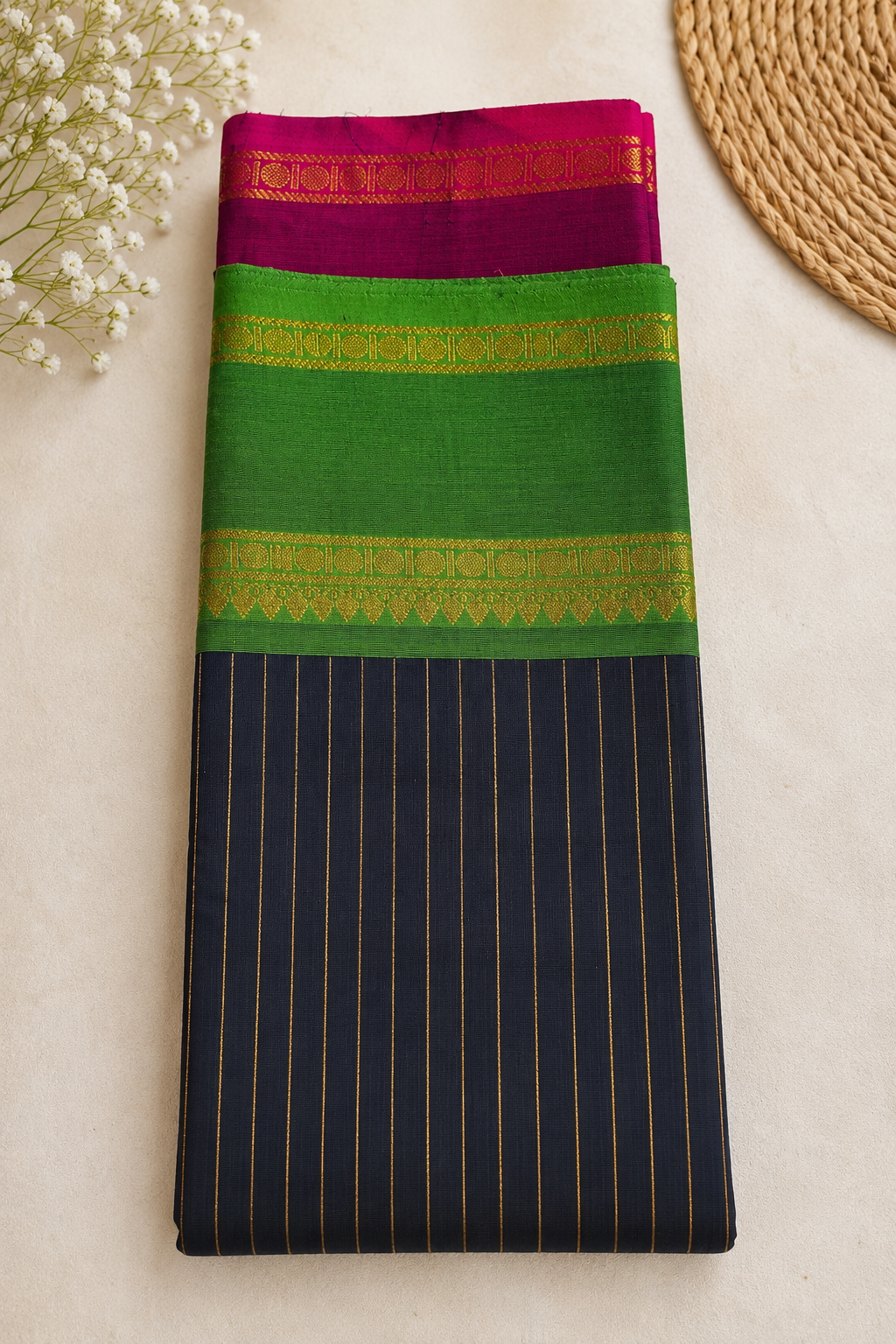 Black Pure Handloom Cotton Ganga Jamuna Border Saree | House of Kanchika