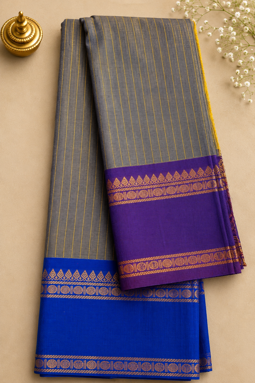 Pure Handloom Cotton Ganga Jamuna Border Saree – Grey with Royal Blue & Purple Border