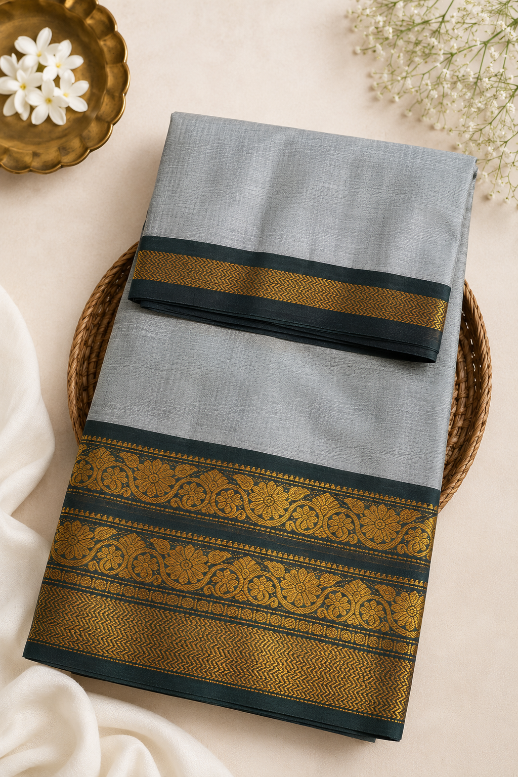 Narayanpet Big Border Cotton Saree with Rich Gold Zari Border