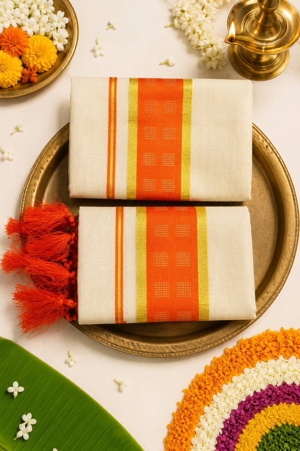 Kerala Tissue Single Set Mundu | White Kasavu Tissue Single Set Mundu with Orange & Gold Border