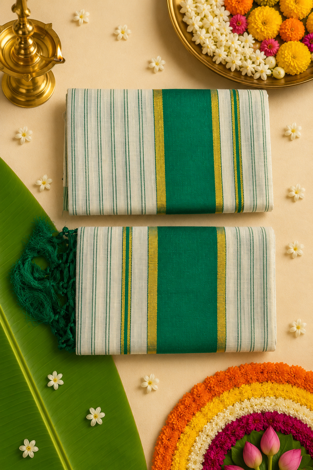 Premium Tissue Kasavu Single Set Mundu – Emerald Green Border | Traditional Kerala Festive Wear