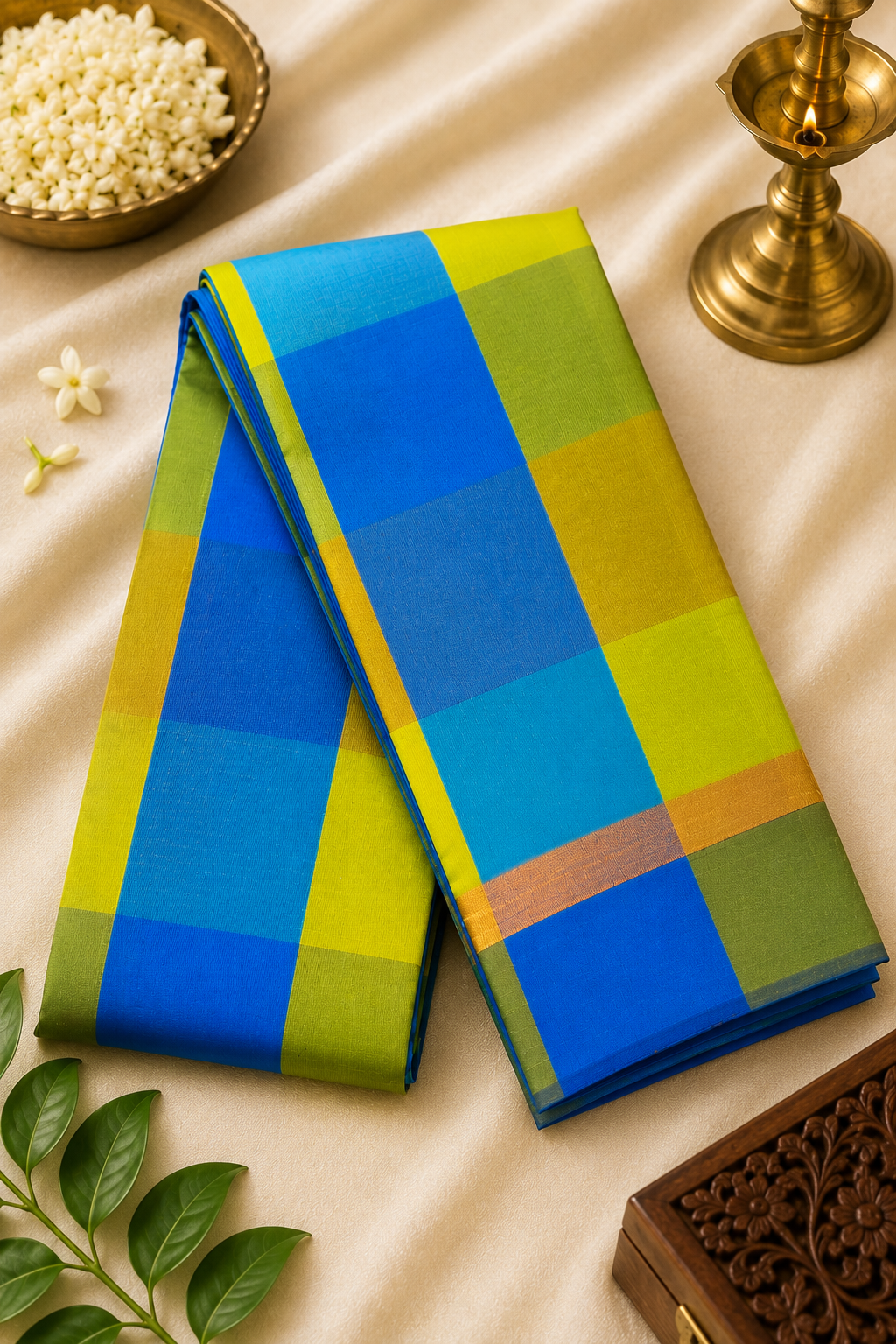 Premium Multi-Checked Soft Cotton Saree – Royal Blue & Lime Green | Lightweight Everyday & Festive Wear