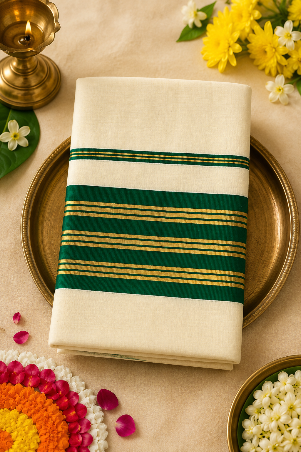 Premium Kerala Kasavu Saree with Emerald Green Zari Border | Traditional Onam Cotton Saree