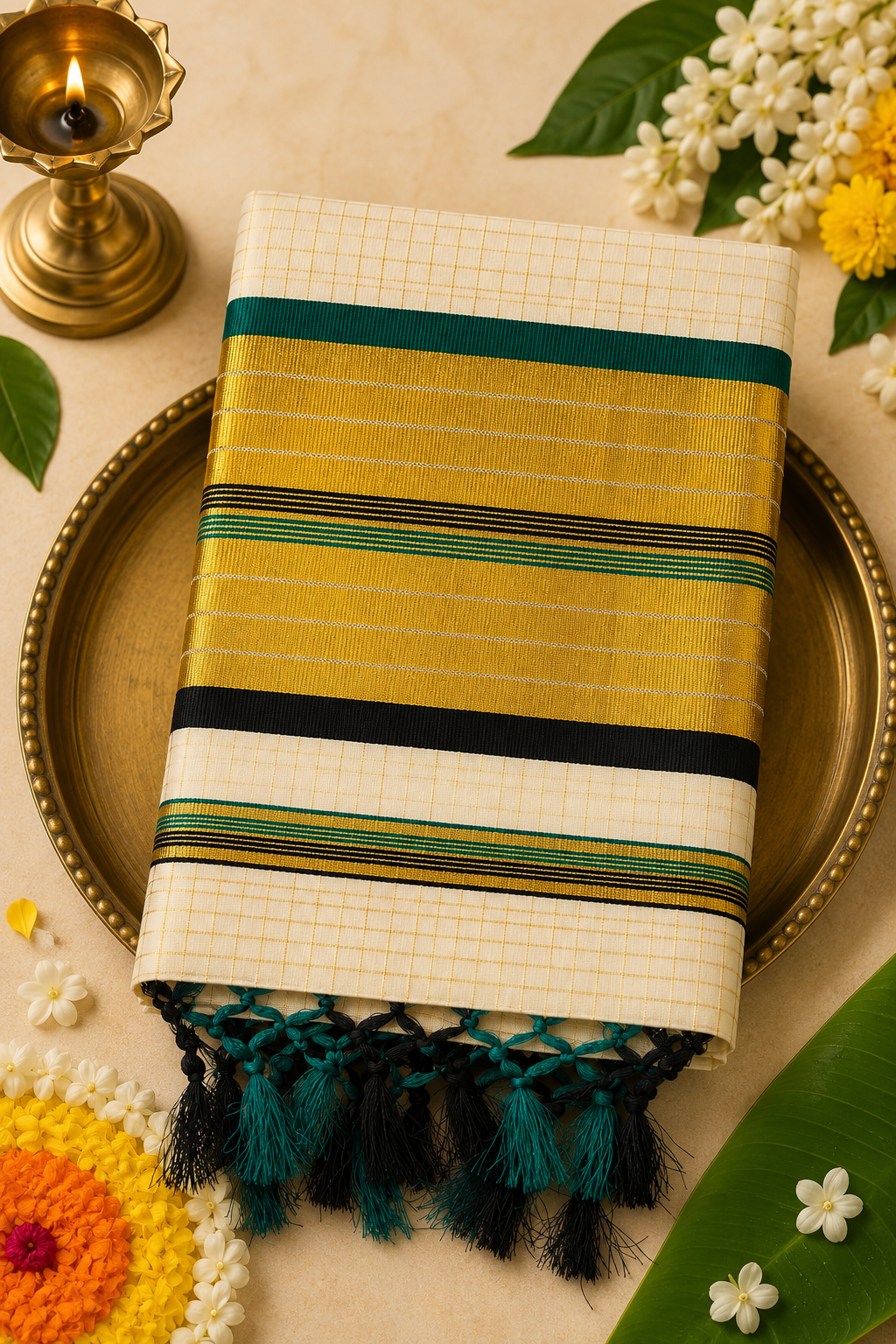 Premium Kerala Kasavu Saree with Black & Emerald Green Zari Border | Traditional Kasavu Onam Saree
