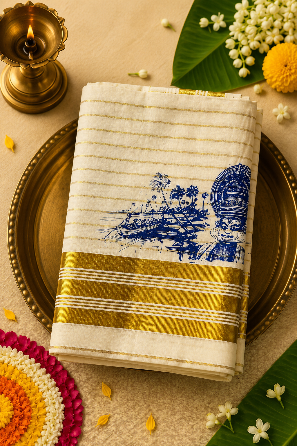 Premium Kerala Heritage Kasavu Saree with Kathakali & Backwater Print | Onam Special Cotton Saree with Blouse Piece