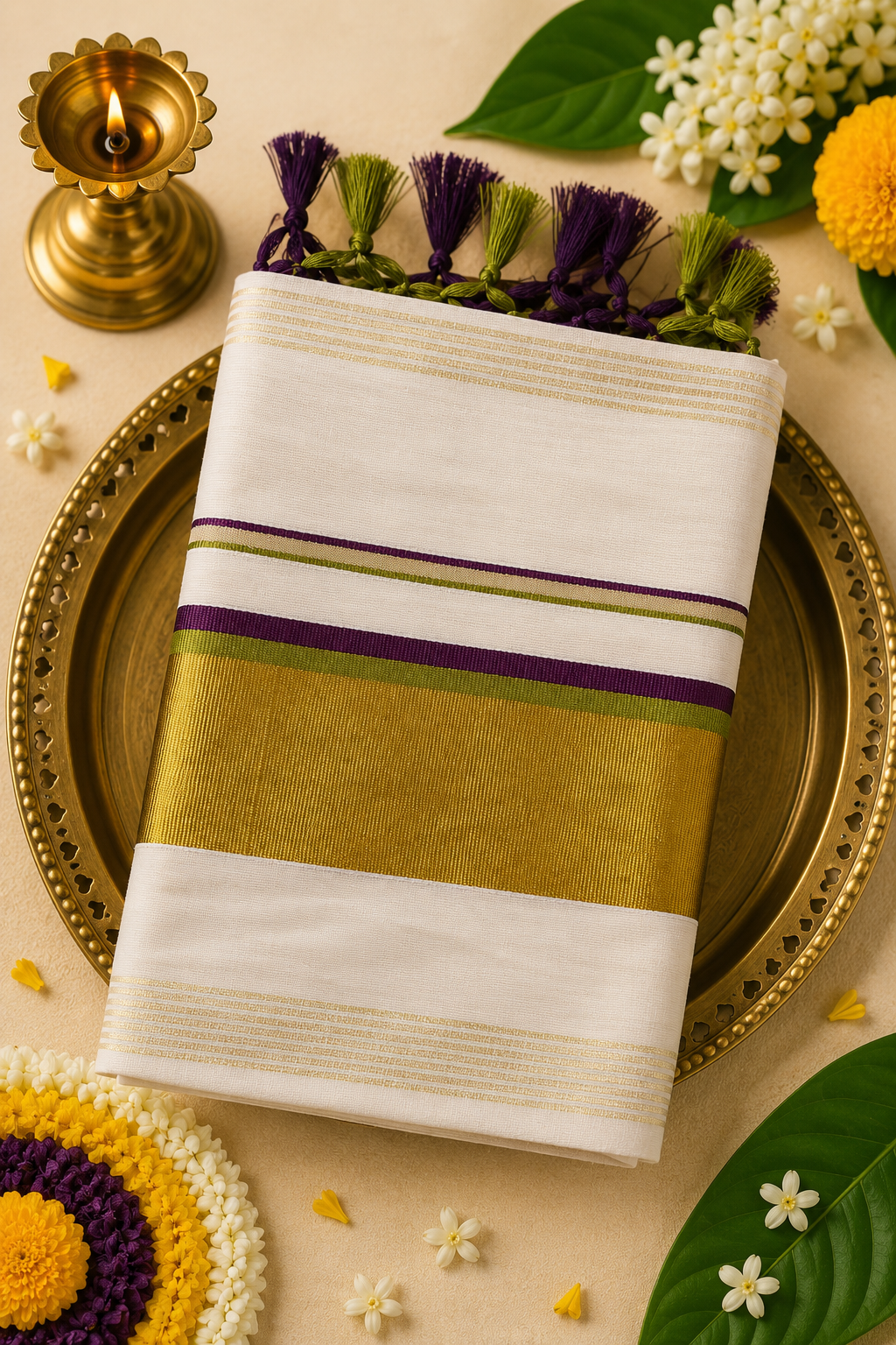 Premium Kerala Kasavu Saree with Purple & Olive Green Zari Border | Traditional Cotton Onam Saree