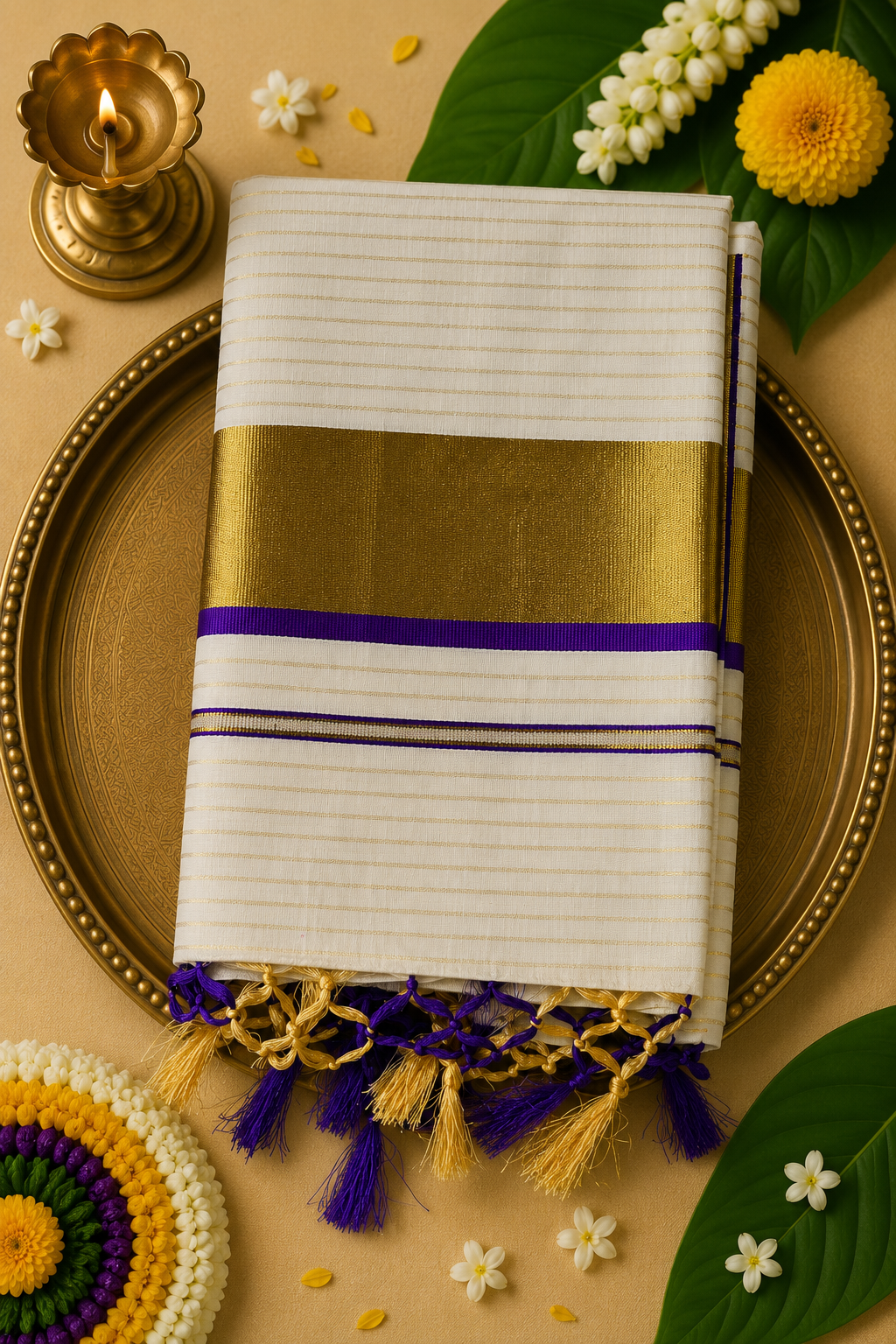 Premium Kerala Kasavu Saree with Royal Purple Border & Golden Zari | Soft Festive Wear | Running Blouse Included