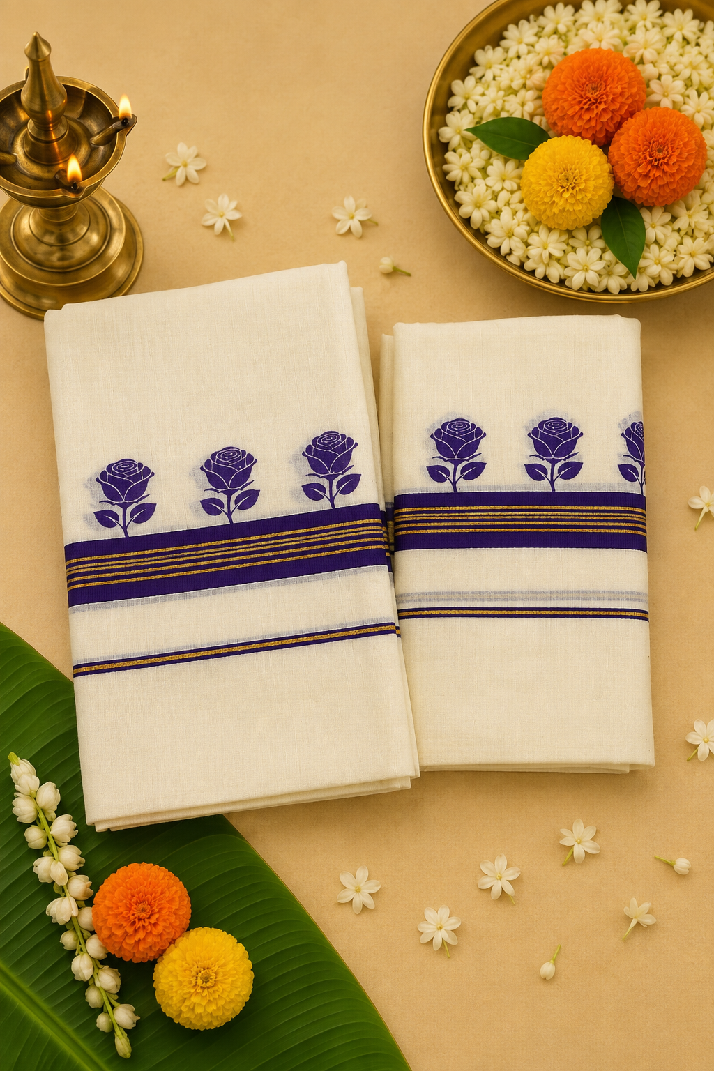 Traditional Kerala Floral Set Mund – Black & Purple Border
