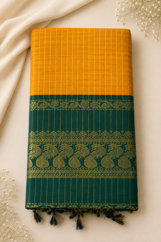 Checked Kalyani Cotton Saree with Zari Peacock Border & Blouse