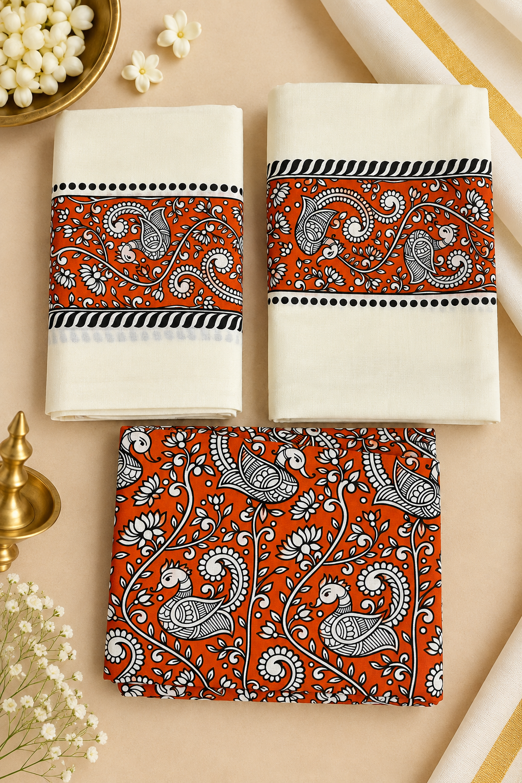 Kerala Cotton Set Mund with Printed Blouse