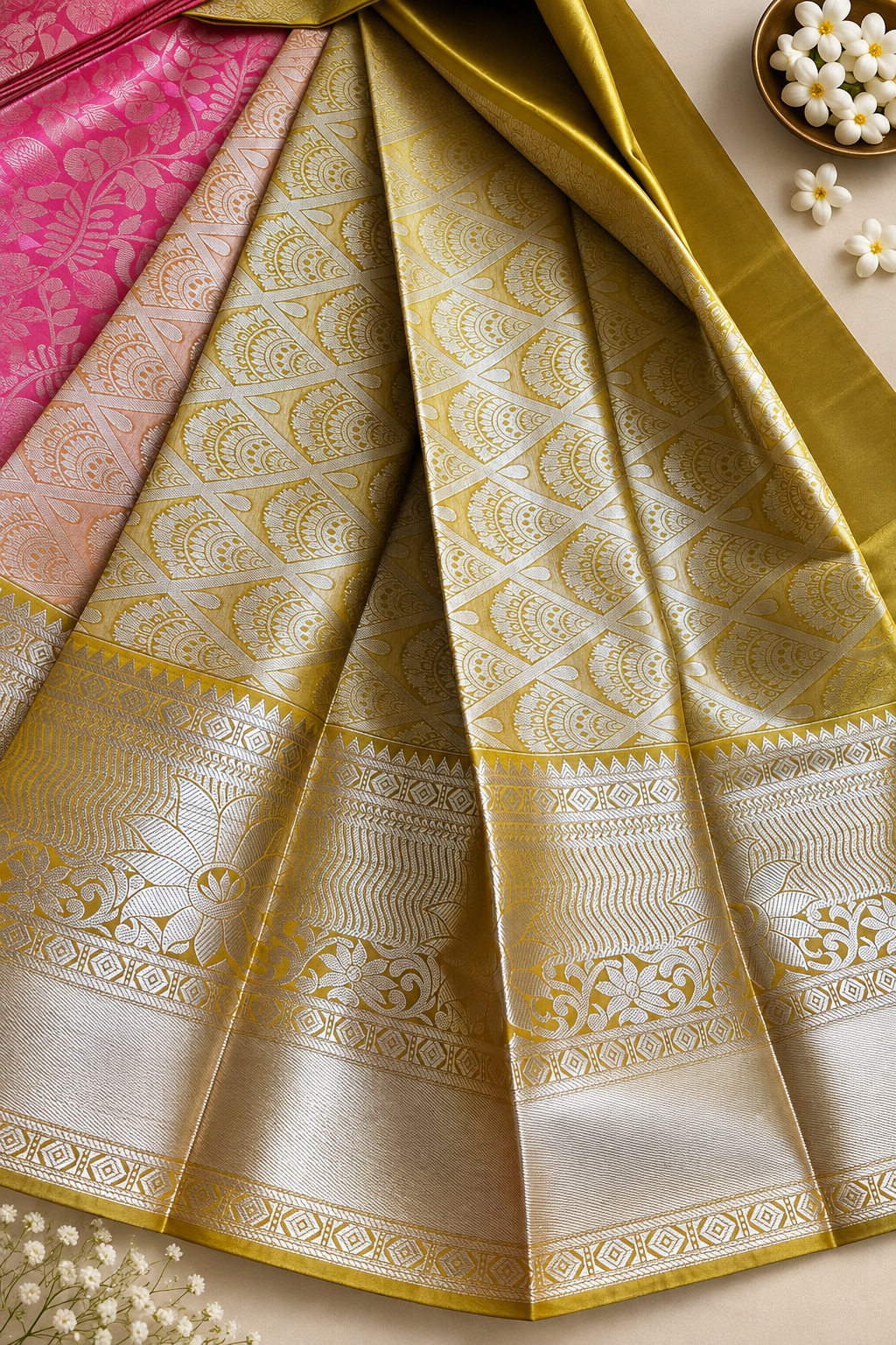 Bright Baby Pink & Mustard Gold Contrast Wedding Sarees