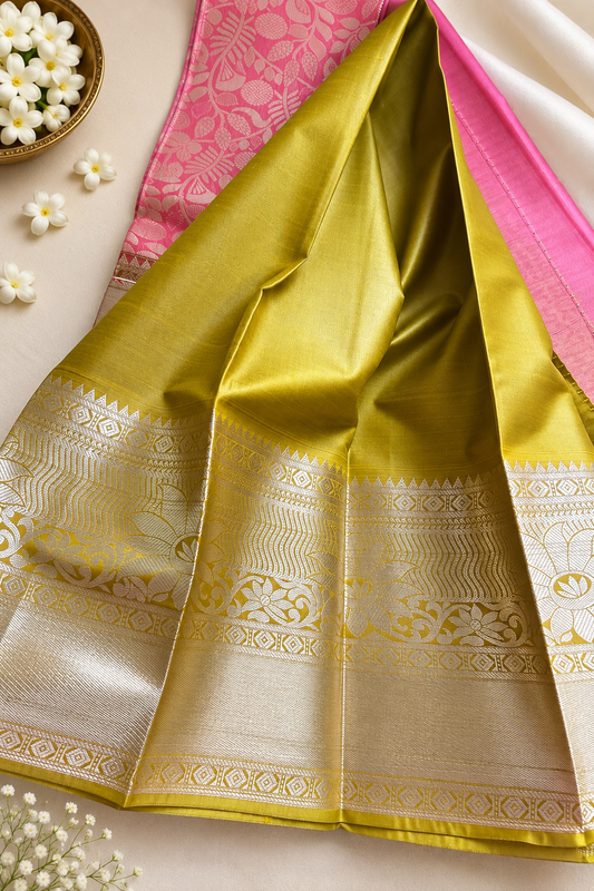 Bright Baby Pink & Mustard Gold Contrast Wedding Sarees