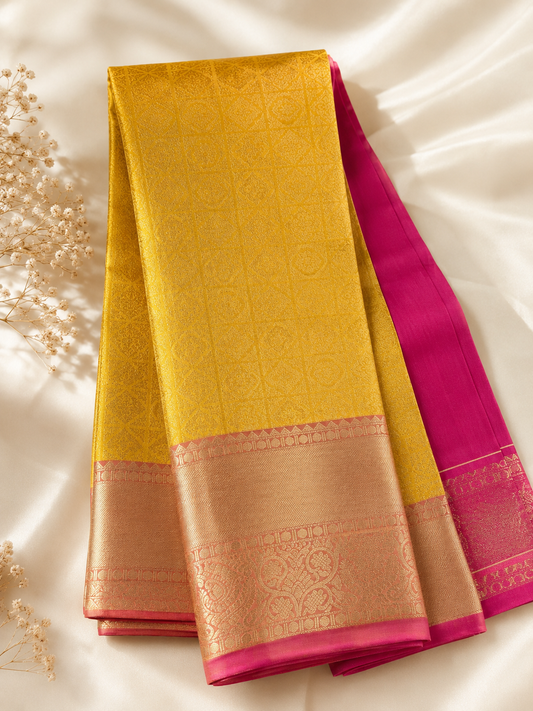 yellow & Rani Pink Wedding Tissue Silk Saree – Premium Bridal Collection