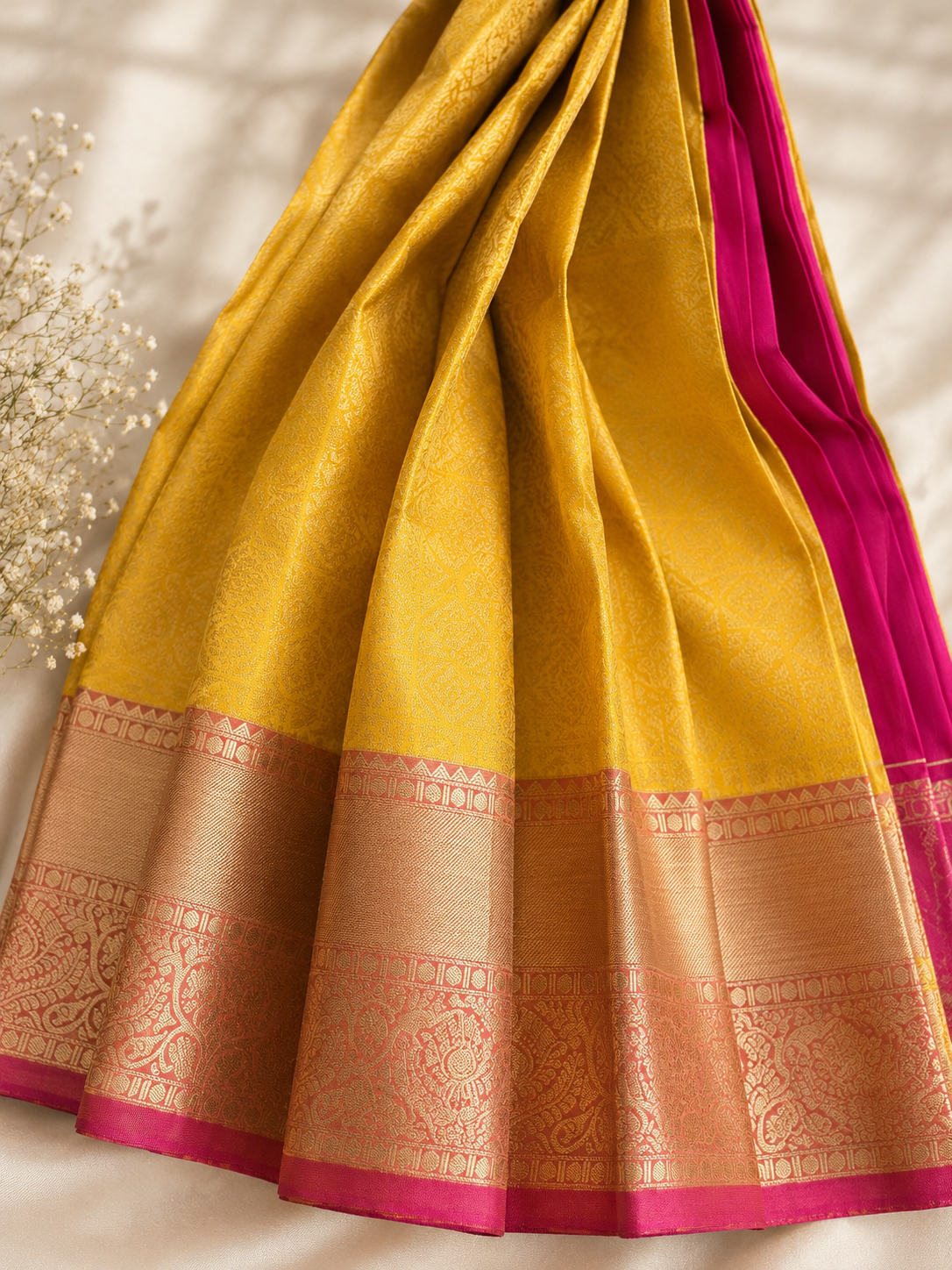 yellow & Rani Pink Wedding Tissue Silk Saree – Premium Bridal Collection