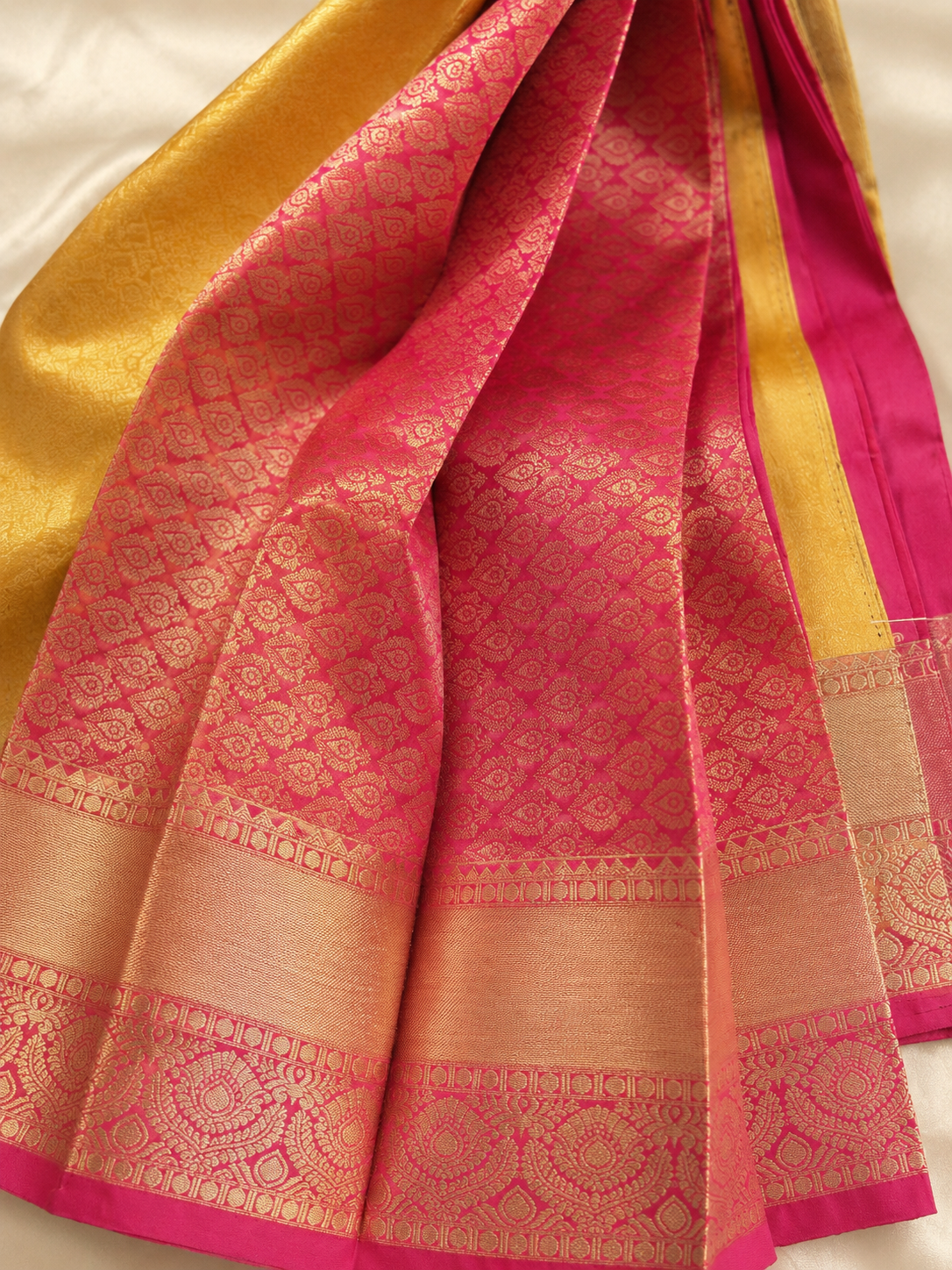 yellow & Rani Pink Wedding Tissue Silk Saree – Premium Bridal Collection