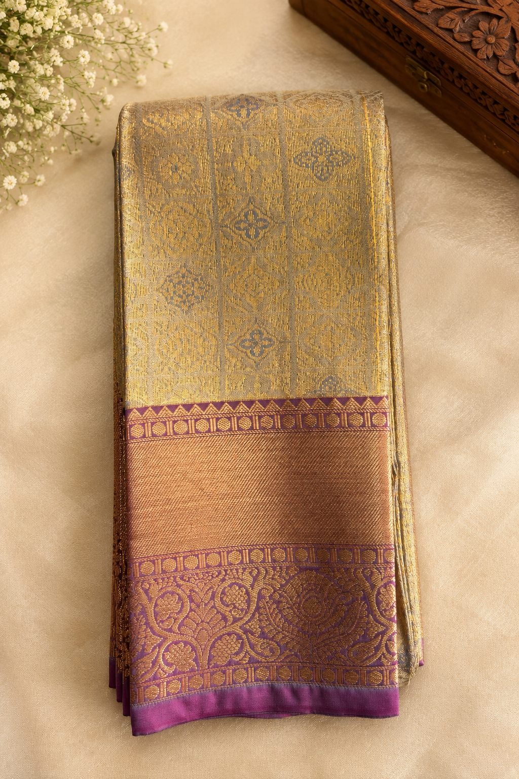 Golden Beige & Rani Pink Wedding Tissue Silk Saree – Premium Bridal Collection