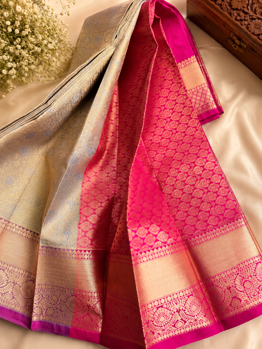 Golden Beige & Rani Pink Wedding Tissue Silk Saree – Premium Bridal Collection