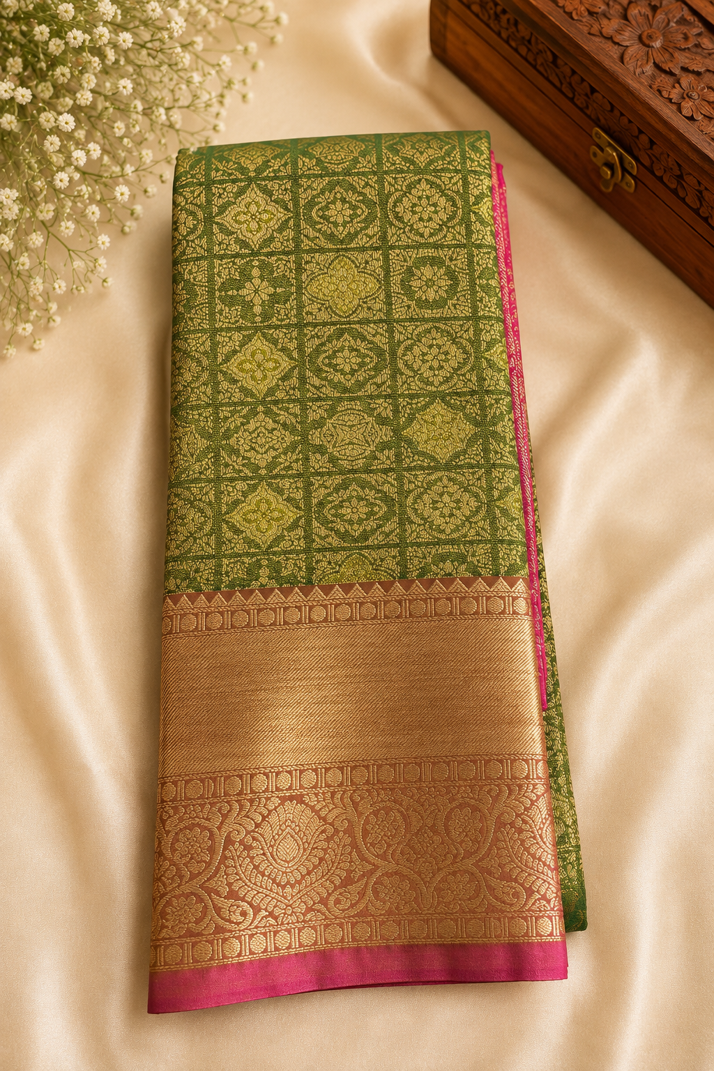 Mehendhi Green & Rani Pink Contrast Tissue Silk Saree – Premium Wedding Collection