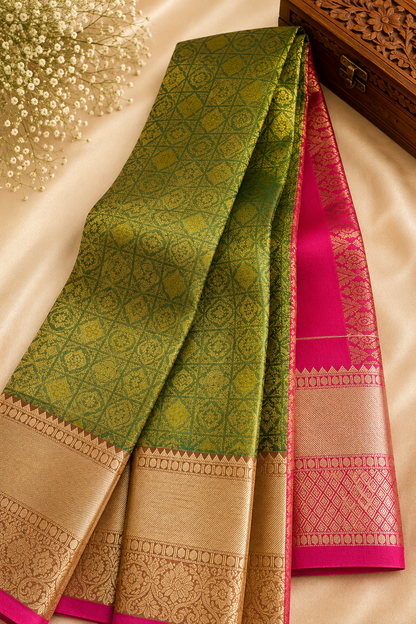 Mehendhi Green & Rani Pink Contrast Tissue Silk Saree – Premium Wedding Collection