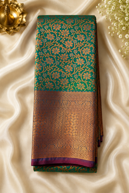 Bridal Tana All Self Silk Saree – Peacock Green & Wine Maroon Wedding Collection