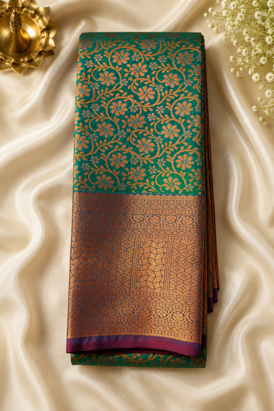 Bridal Tana All Self Silk Saree – Peacock Green & Wine Maroon Wedding Collection