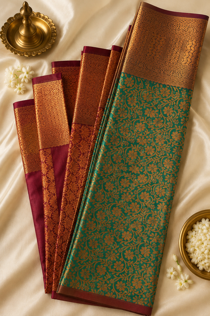 Bridal Tana All Self Silk Saree – Peacock Green & Wine Maroon Wedding Collection