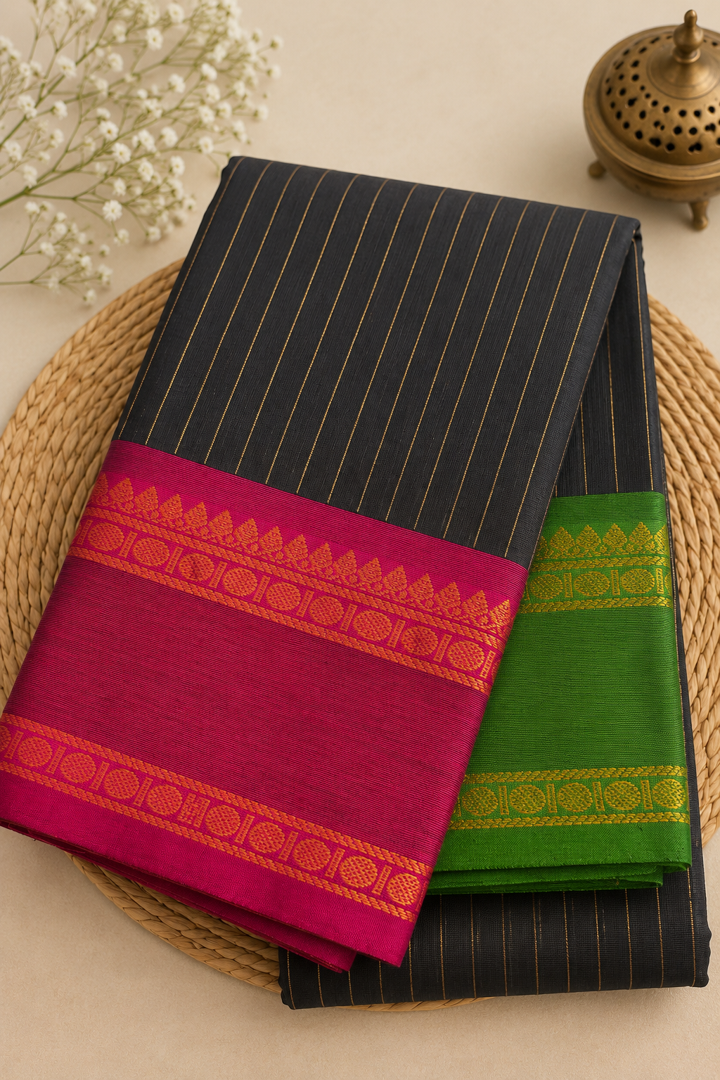 Black Pure Handloom Cotton Ganga Jamuna Border Saree | House of Kanchika