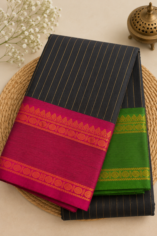Black Pure Handloom Cotton Ganga Jamuna Border Saree | House of Kanchika