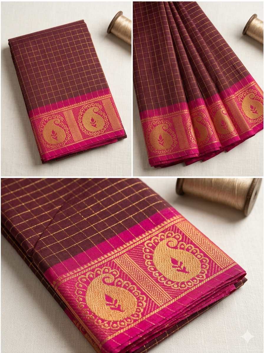 Pure Handloom Chettinad Cotton Saree | Traditional Checks | Everyday & Office Wear