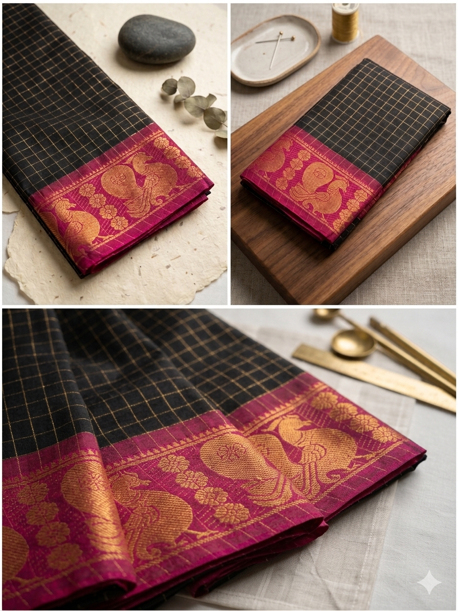 Pure Handloom Chettinad Cotton Saree | Traditional Checks | Everyday & Office Wear