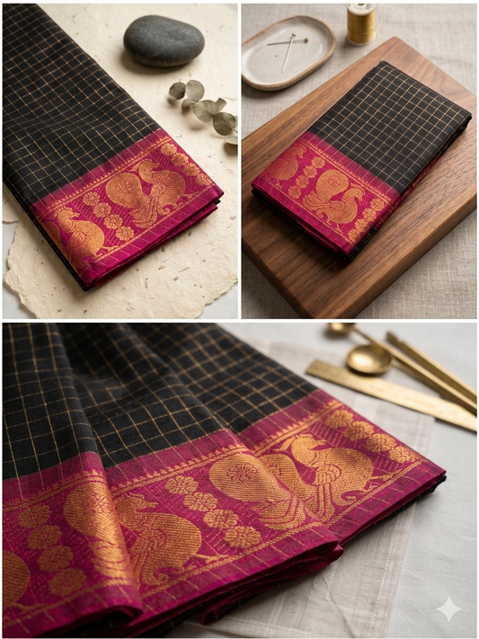 Pure Handloom Chettinad Cotton Saree | Traditional Checks | Everyday & Office Wear