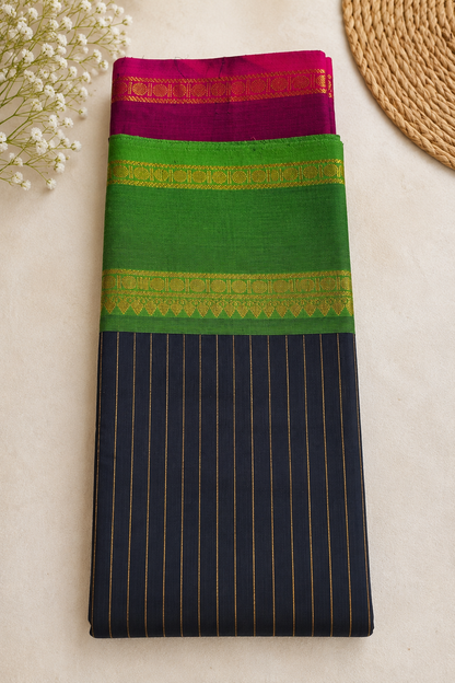 Black Pure Handloom Cotton Ganga Jamuna Border Saree | House of Kanchika