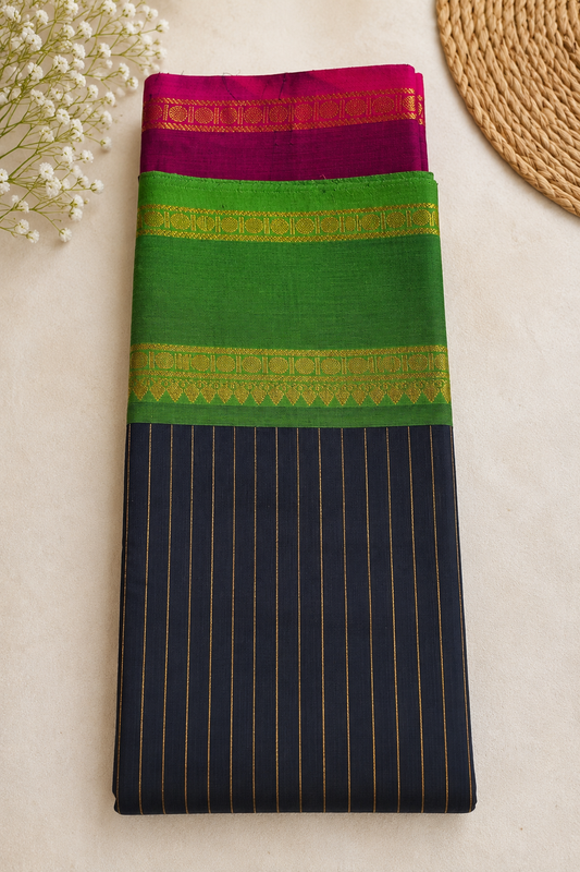 Black Pure Handloom Cotton Ganga Jamuna Border Saree | House of Kanchika