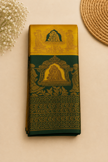 Antique Gold & Green kubera Pattu Tissue Saree | Pallakk Border