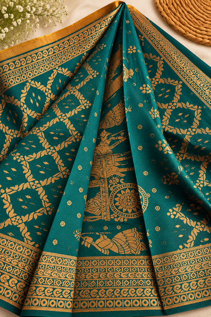 Antique Gold & Green kubera Pattu Tissue Saree | Pallakk Border