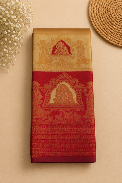 Royal Red & Antique Gold Pallakku Design Tissue Saree | Premium Wedding & Festive Collection