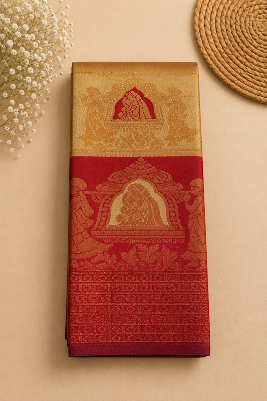 Royal Red & Antique Gold Pallakku Design Tissue Saree | Premium Wedding & Festive Collection