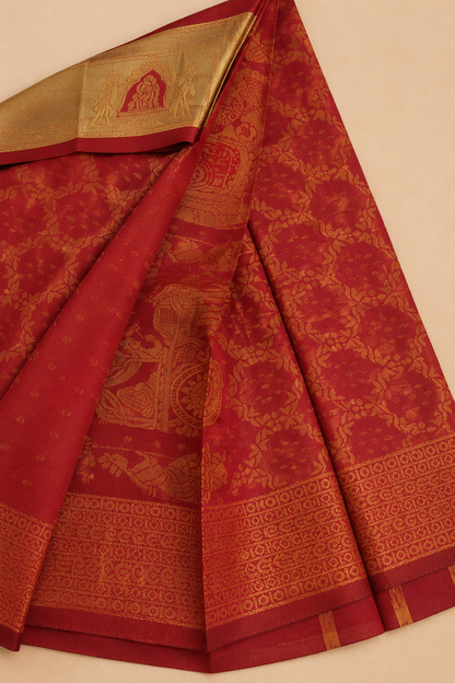 Royal Red & Antique Gold Pallakku Design Tissue Saree | Premium Wedding & Festive Collection