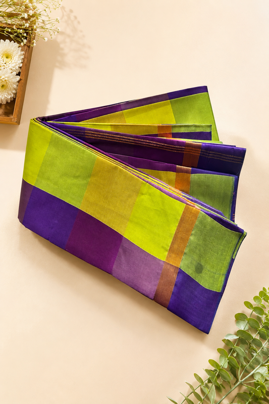 Premium Checked Soft Silk Saree – Lime Green & Royal Purple Contrast | Office Wear Collection