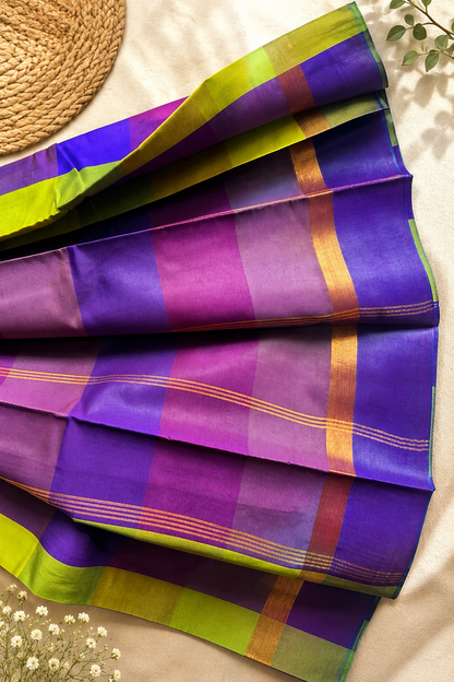 Premium Checked Soft Silk Saree – Lime Green & Royal Purple Contrast | Office Wear Collection