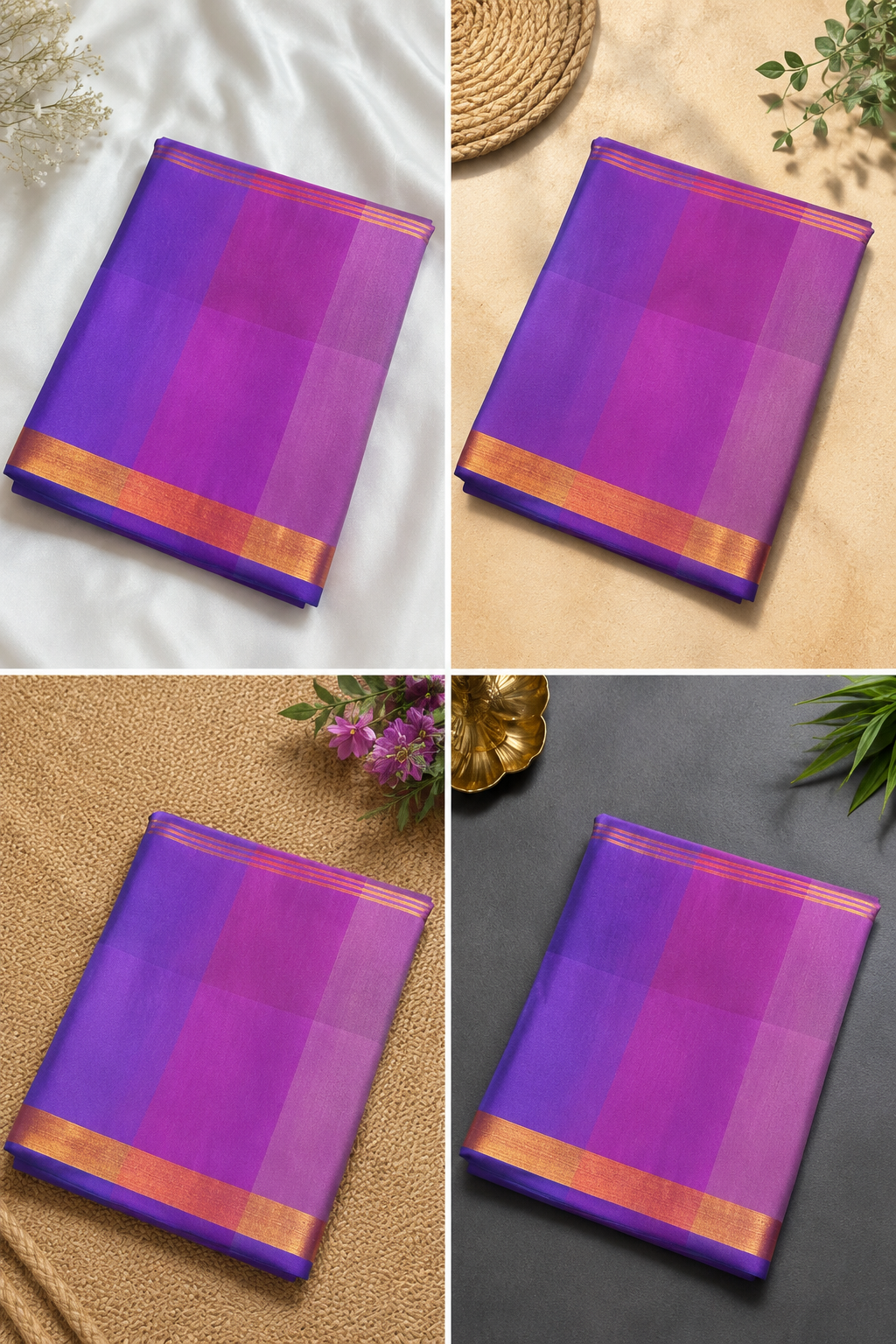 Premium Checked Soft Silk Saree – Lime Green & Royal Purple Contrast | Office Wear Collection
