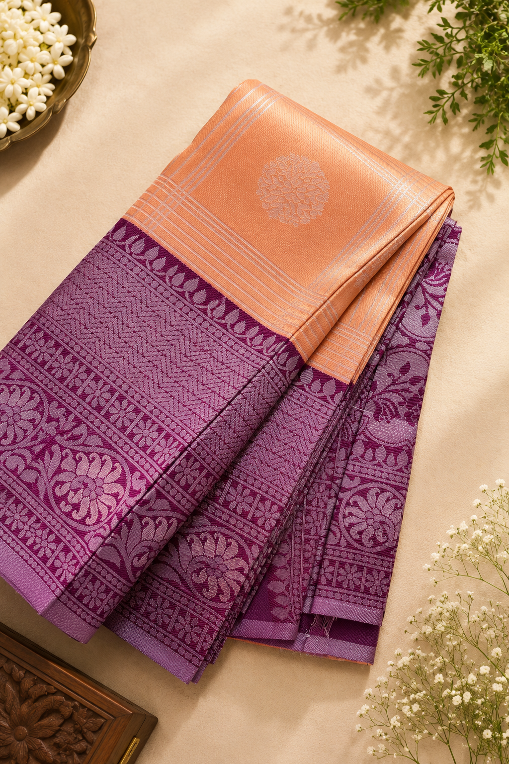 Kubera Pattu Special Tissue Silk Saree – Peach Orange & Royal Purple Jacquard Pallu