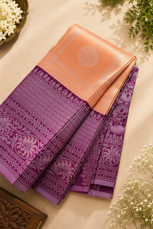 Kubera Pattu Special Tissue Silk Saree – Peach Orange & Royal Purple Jacquard Pallu
