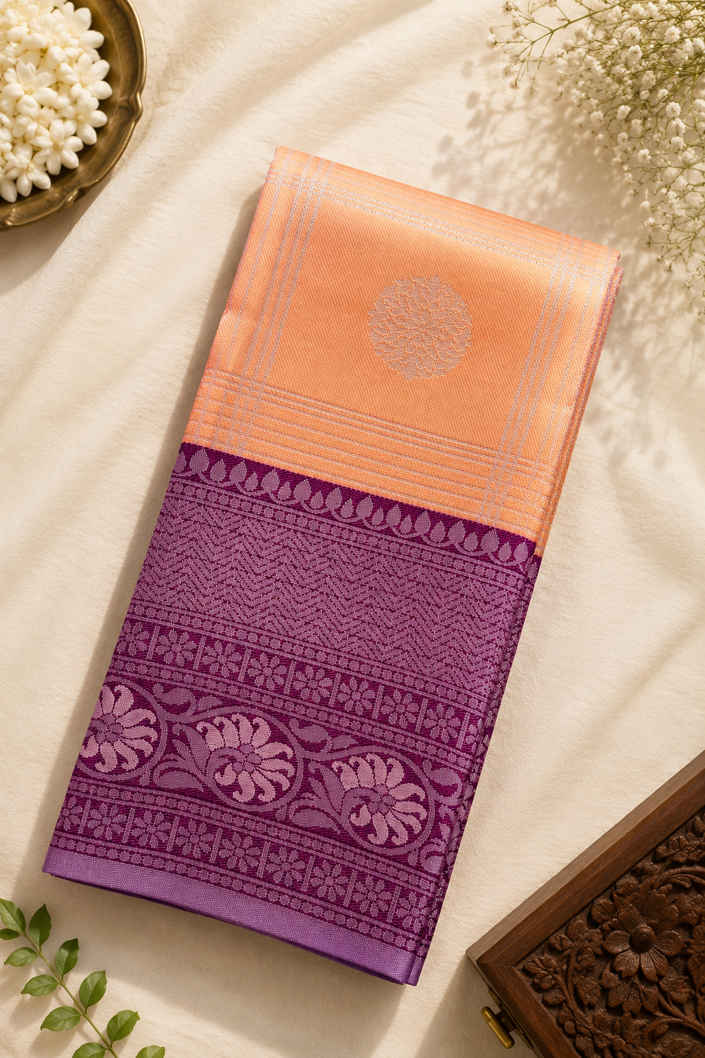 Kubera Pattu Special Tissue Silk Saree – Peach Orange & Royal Purple Jacquard Pallu
