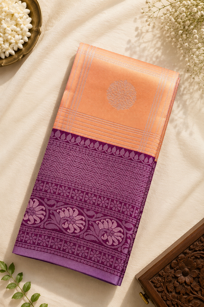 Kubera Pattu Special Tissue Silk Saree – Peach Orange & Royal Purple Jacquard Pallu