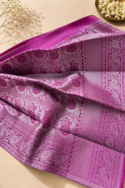 Kubera Pattu Special Tissue Silk Saree – Peach Orange & Royal Purple Jacquard Pallu