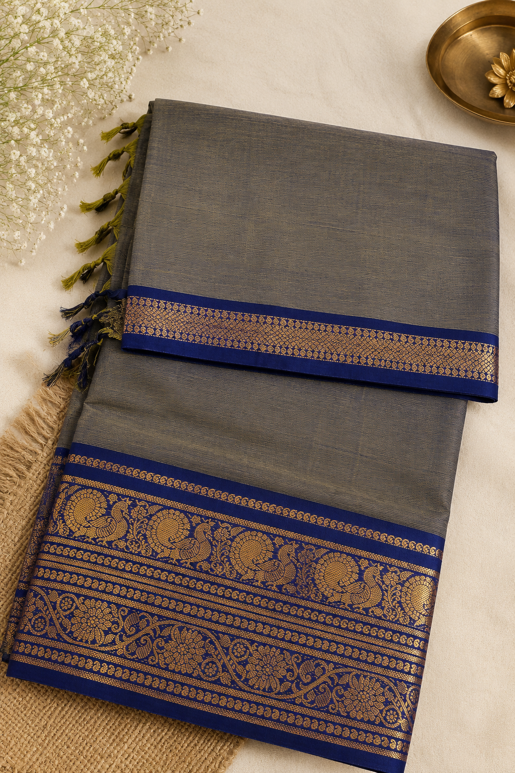 Narayanpet Big Border Cotton Saree with Rich Gold Zari Border