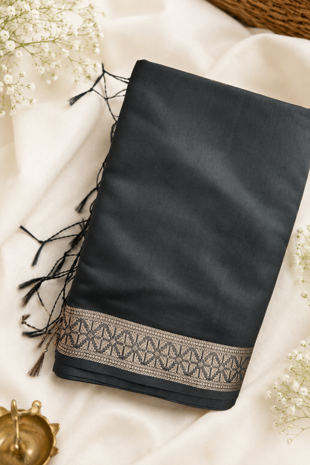 Pure Black Mangalagiri Cotton Saree with Rich Pallu & Running Blouse